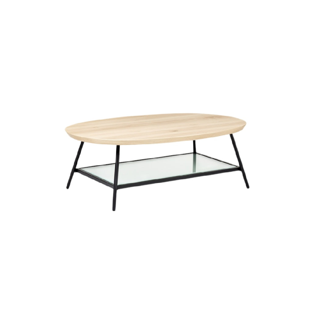 **Table basse ovale en bois et verre avec support en métal**