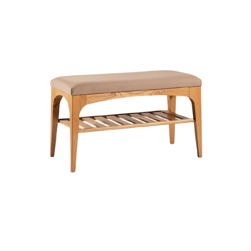 **Banc en bois avec coussin et étagère de rangement**